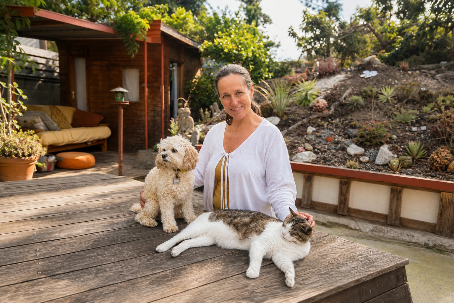 Sanni Diesner with her dog and cat in the garden atelier